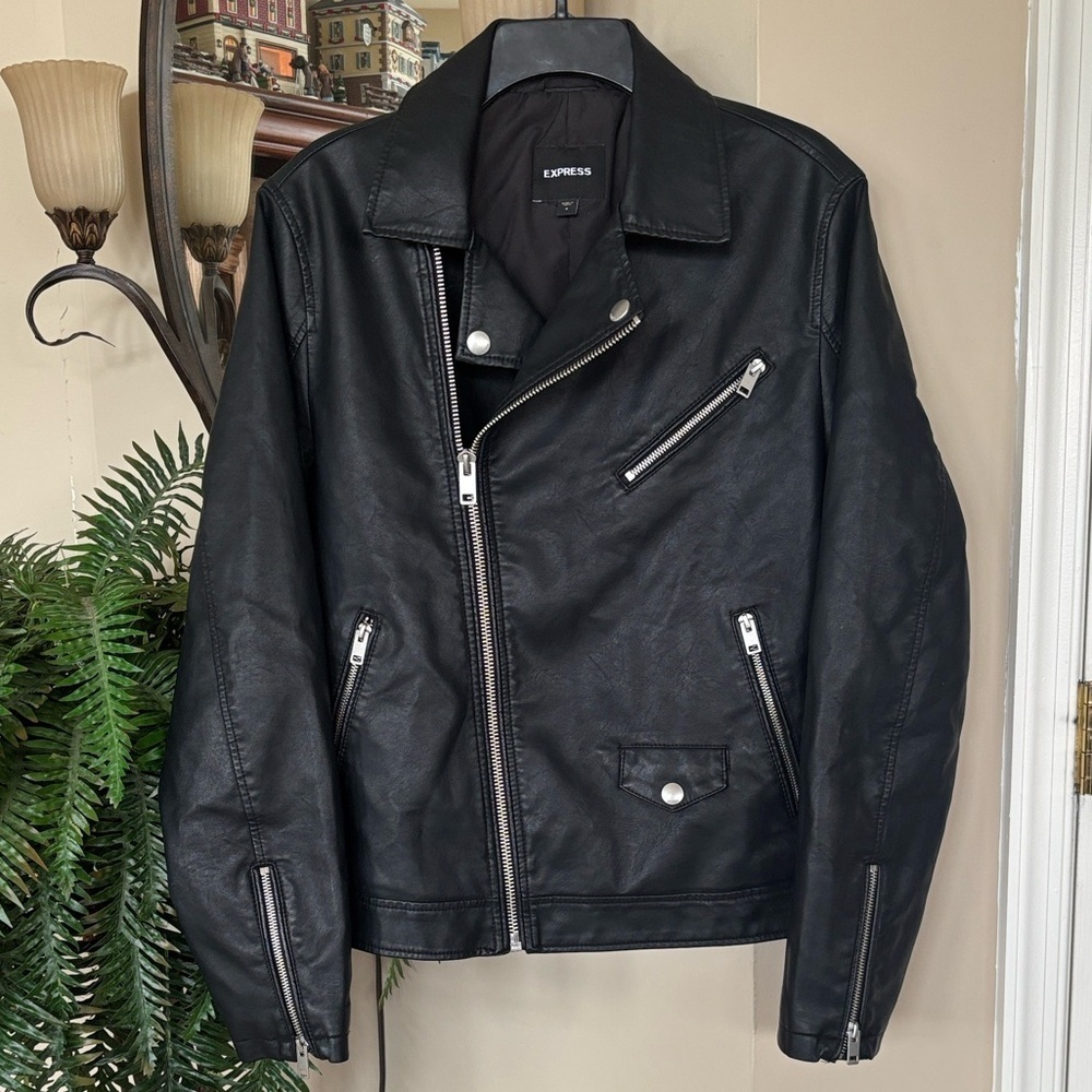 Express Black Motorcycle Jacket Zip Up Faux Leather Biker Silver Tone Accents